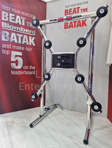 Batak reaction game with branded exhibition stand graphics, available for hire at Telford International Centre with free delivery