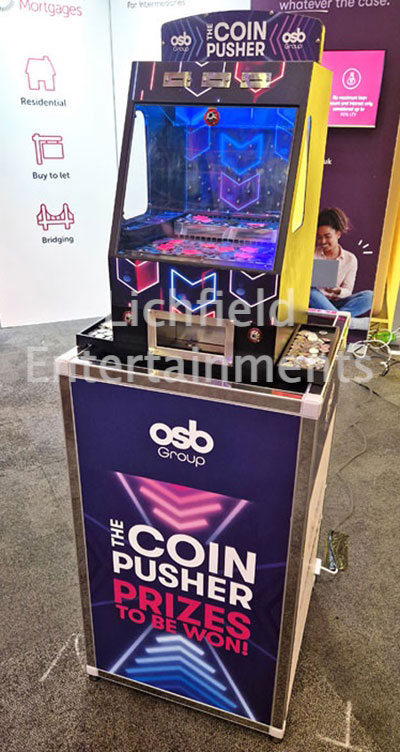 Branded Coin Pusher arcade game hire for exhibition stands