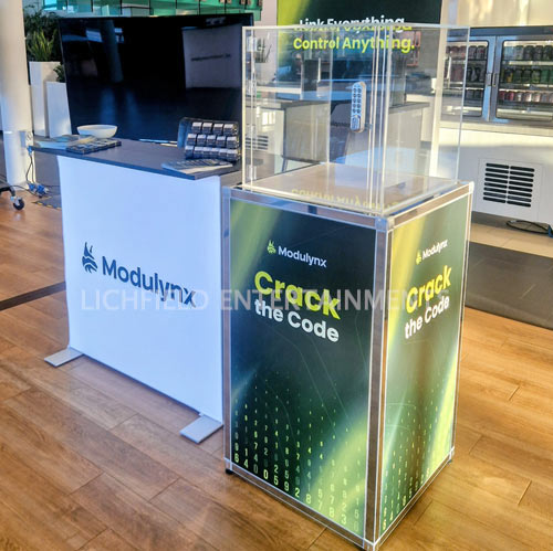 Branded Crack the Code safe cracker game on a corporate exhibition stand, available for hire in Birmingham