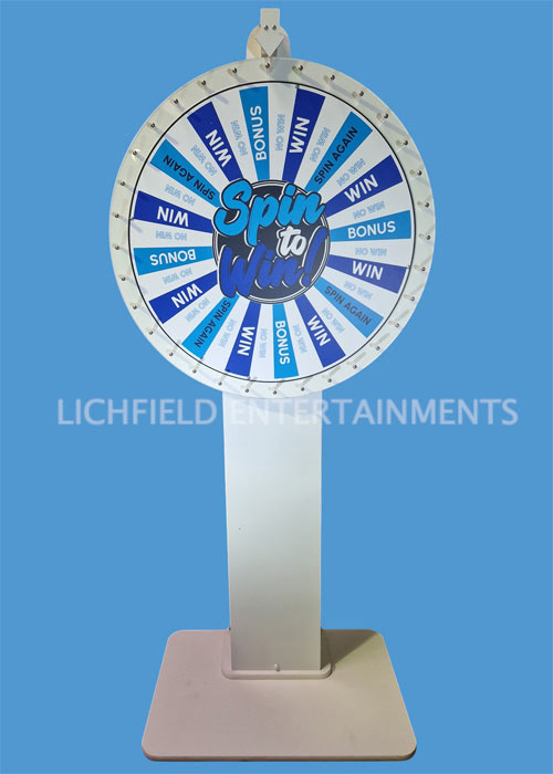 Blue and white spin-to-win prize wheel design for Birmingham exhibitions and conferences